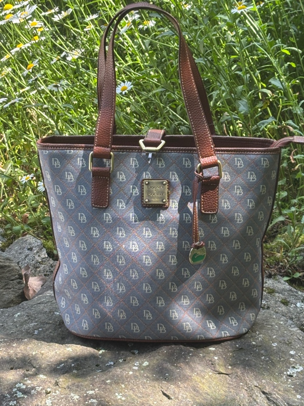 Dooney & Bourke Blue Gray Monogram Canvas Tote Brown Leather Duck Charm USA